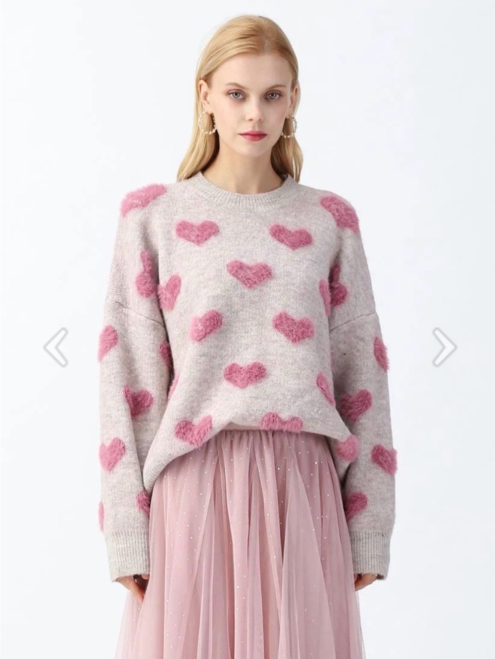 Chicwish Pink Heart Crewneck Sweater on Light Gray (L/XL)